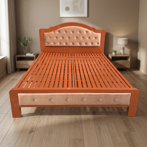 Lit à sommier en fer minimaliste de haute qualité avec tête de lit incurvée, finition imitation bois, acier inoxydable luxueux pour chambre à coucher et appartement - Product Image 2