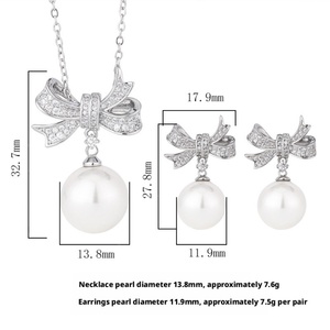Wholesale Fashion Eco-friendly Copper 14-12mm White Shell Pearl Bow Design Anti Tarnish <b>Earring</b> Necklace <b>Set</b> for Women - Product Image 3