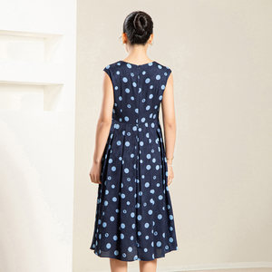 <span class=keywords><strong>Robe</strong></span> midi trapèze décontractée bleu <span class=keywords><strong>marine</strong></span> à pois pour femme, sans manches, taille naturelle, en tissu tissé, imprimé numérique, avec fermetures éclair - Product Image 5