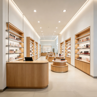 Étagère murale LED en bois clair pour présentoir cosmétique, comptoir îlot à niveaux ronds, bureau de réception incurvé pour salon de beauté