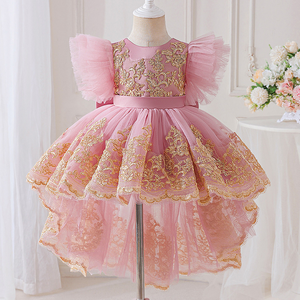 Robe de princesse en satin brodée pour petite fille, sans manches, avec grand nœud et traîne, robe de soirée pour enfant, idéale pour anniversaire ou spectacle - Product Image 1