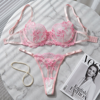 Conjunto de lencería sexy y cómoda de encaje con bordado 3D y control ligero, de malla transparente, para mujer, talla grande, con sujetador y tanga, al por mayor