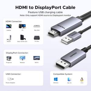 Cable Unidireccional UGREEN Active HD-MI <span class=keywords><strong>a</strong></span> <span class=keywords><strong>DisplayPort</strong></span> Macho con Alimentación USB, 4K60Hz 1080P120Hz HD-MI <span class=keywords><strong>a</strong></span> DP - Product Image 2