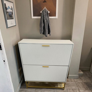 Wooden <strong>Shoe</strong> Cabinet with 2 Flip Drawers <strong>Shoe</strong> Storage Organizer with <strong>Shelf</strong> &amp; Top Cubby Tipping Bucket <strong>Shoe</strong> Racks for Home <strong>White</strong> - Product Image 6
