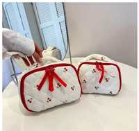 Trousse de Maquillage Matelassée en Polyester à Motif Floral et Fruité Kawaii, Portable, avec Double Fermeture Éclair et Rubans, Grande Capacité pour Voyage