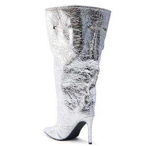 Botas Plateadas Anchas y Holgadas para Mujer, Botas Altas hasta la Rodilla con Punta Puntiaguda, Zapatos de Tacón Alto con Cordones Laterales - Product Image 6