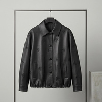 Blouson Bomber en Peau de Mouton Noir pour Femme, Col Chemise, Broderie Papillon, Fermeture à Boutons Pression, Ourlet Froncé Élastique, Coupe Ample, Manteau Court en Cuir