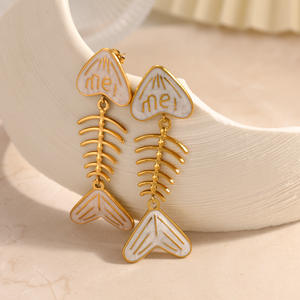 Pendientes colgantes con diseño de espina de pescado de dibujos animados, tachuelas de acero inoxidable chapadas en oro de 18k para mujer, joyería de moda EH12285 - Product Image 4