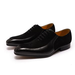 Best-selling Men's Oxford Lace-up square Toe Office Wedding Formal <b>Shoes</b> Suede Patchwork Leather Coffee Color Black - Product Image 6