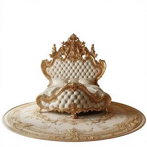 Lit en bois capitonné à boutons au design unique avec gravure classique, mobilier de chambre à coucher de luxe antique - Product Image 3