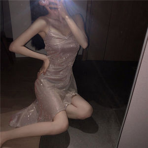 Robe sexy irrégulière pour femmes, bretelles brillantes, dos fin, robe à bretelles - Product Image 2