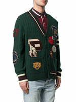 Cardigan en laine 100% sur mesure, nouveau design, manches longues, col en V, logo de la marque, tricoté, avec patch en chenille personnalisé, pull pour homme