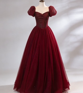 S0232Y 2026 Nuovo Abito da Sera/Festa da Donna Rosso Lungo fino al Pavimento, Linea ad A, in Tulle, con Maniche a Sbuffo e Scollo a Cuore - Product Image 3