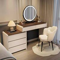 Coiffeuse italienne avec miroir rond éclairé, panneau en bois, tiroir de chevet intégré et armoire pour petits appartements