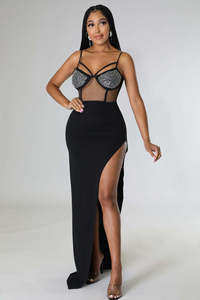 Pense 2023 Celebrity Party Wear Luxo Vestido De Noite Rhinestone Sexy Ver Através Vestido Longo Sem Mangas para Senhoras - Product Image 5