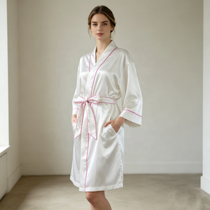Robe de mariée élégante de luxe en <span class=keywords><strong>satin</strong></span> de soie pour <span class=keywords><strong>femme</strong></span>, avec passepoil contrastant, manches trois-quarts, coupe <span class=keywords><strong>kimono</strong></span> courte, avec poches, pour la fête - Product Image 3