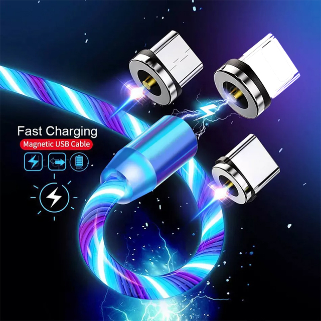 Wholesale 3 in 1 LED Magnetic Fast Charging USB Cable Flowing Cable USB Magnetic Charging Cables for Mobile Phone