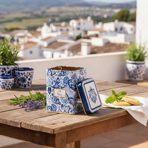 0.5L Square Metal <b>Box</b> Slip <b>Lid</b> Azulejo-Inspired Blue White <b>Decorative</b> Pattern Recyclable Tinplate for Mint Biscuit 75x75x102 mm - Product Image 3