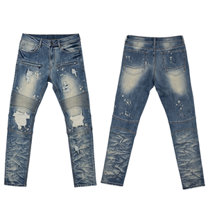 Pantalon en jean ajusté style motard déchiré et délavé avec détails de peinture éclaboussée pour tenue streetwear hip-hop - Product Image 3