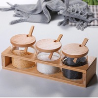 Pot d'assaisonnement en bois de bambou transparent de style japonais Boîte de rangement de cuisine anti-poussière pour sucre, sel et épices