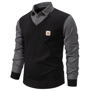 Maglione foderato in pile con risvolto a righe a maniche lunghe con scollo a V in maglia spessa maglia Pullover Casual da uomo maglione <span class=keywords><strong>Polo</strong></span> Top - Product Image 3