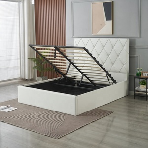 Lit ottoman Queen Size avec rangement, mobilier de chambre, revêtement en cuir blanc doux, tête de lit capitonnée à boutons, lits rembourrés - Product Image 6