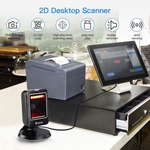 YOKO 2D 1D Desktop Barcode Scanner, Platform Scanner with Automatic Sensing Scanning Omnidirectional Hands-Free USB Wired Barcod