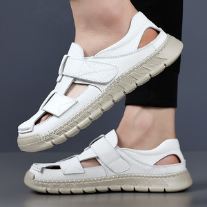 Men's Genuine Leather <b>Closed</b> <b>Toe</b> Flat <b>Sandals</b> Hook Loop Breathable Summer Casual Outdoor Driving Beach Shoes - Product Image 4