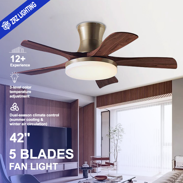 Factory Direct Small Electric Ceiling Fan Wooden Gold 42-Inch Blade 5 Blades LED DC Motor Remote Control Minimalist Design 30-34