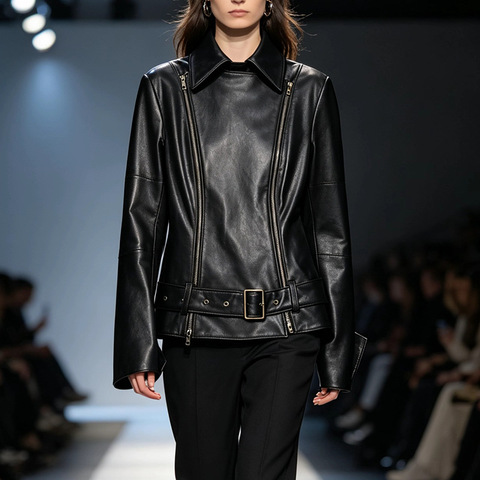 HN6150 Slim Biker Zip-Up Leather Coat Women's Lapel Full Vegetable-Tanned Sheepskin Jacket