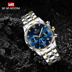 Montre chronographe squelette de luxe pour homme avec phases de lune, bracelet en acier inoxydable bicolore - Product Image 5