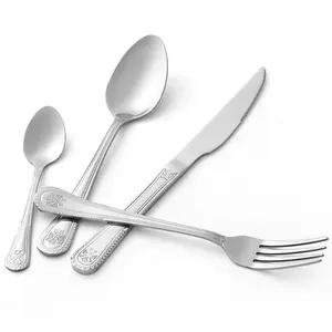 Wholesale Royal Engraved Stainless Steel Spoon Flatware Set Fancy Design Knife Fork & Spoon Exquisite Banquet Tableware
