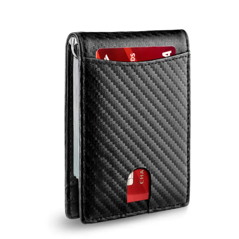 2021 Top Rated Black Carbon Fiber Leather Money Clip Wallet RFID Blocking wallet for Mens