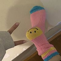 Chaussettes en coton pour femme, motif visage souriant, mi-mollet, tricotées à grosse maille, avec talon renforcé, rayures assorties