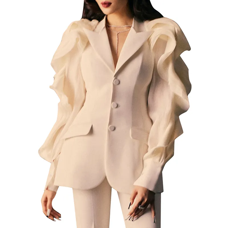 CHICEVER Women's Suits High Waist Slim Korean Mesh Ruffles Blazer Women 2022 Autumn New