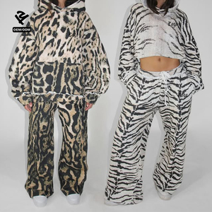 Tuta con Cappuccio <span class=keywords><strong>Oversize</strong></span> Personalizzata con Stampa Leopardata o Tigrata, Pantaloni a Gamba Larga, Completo Sportivo da <span class=keywords><strong>Donna</strong></span>, Abbigliamento Streetwear - Product Image 1