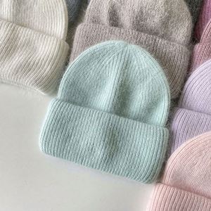 Wholesale Solid Color Angora Rabbit Fur Winter Cap Custom Logo Women <b>Men</b> Fisherman Classic Cuffed Ski Style Knitted Beanies <b>Hat</b> - Product Image 3