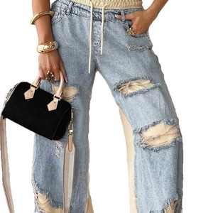 Pantalones Vaqueros Finos de Mezclilla Rasgados con Agujeros y Cordón Ajustable para Mujer, Estilo Urbano - Product Image 4
