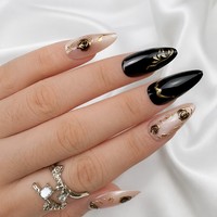 Faux ongles à presser personnalisés en or rose, forme amande, motif vigne 3D noir, gel brillant nude, style gothique de luxe, vente en gros OEM