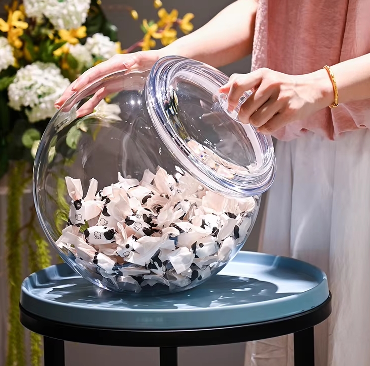 Round Flat Drum Candy Food Jam Spice Herb clear Plastic Candy Jar with Plastic Lids for Candy Store