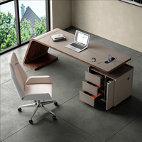 Bureau de style simple et luxueux en cuir de selle avec armoire latérale et bureau informatique – Bureau haut de gamme pour le télétravail