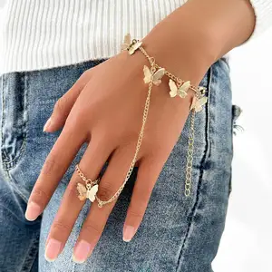 Vintage Punk Schmetterlings ring mit Armband Link Handgelenk Sklave Hand geschirr Armband Quaste Goldkette Finger für Frauen