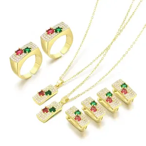 Colorful Brass Square Cubic Zirconia CZ Bridal Pendant Necklace Earrings Rectangle Dangle Jewelry 3 Pcs Sets