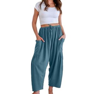 Pantalones Anchos Casuales de Otoño e Invierno para Mujer, Personalizados OEM, Cómodos, Holgados, con Cintura Elástica, Color Sólido, con Bolsillos, Básicos - Product Image 5