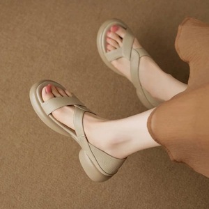 Comfortable Beige Microfiber Heeled <b>Sandals</b> With Chunky Platform Open Toe Slip-On Summer Women Shoes Drop Shipping - Product Image 4
