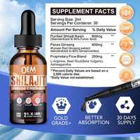 Shilajit liquide pur de l'Himalaya de l'usine Biocaro OEM, nature purifié, gouttes de shilajit avec acide fulvique pour adultes