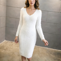 Robe pull moulante en maille duveteuse pour femme, manches longues, col en V, coupe ajustée, sexy, pour soirée d'hiver, longueur midi ou mini