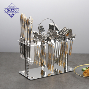 طقم أدوات مائدة أنيق جديد مكون من 30 قطعة من الفولاذ المقاوم للصدأ 201 الصلب بلون ذهبي، آمن للغسل في غسالة الأطباق، بتصميم صناعي عتيق مع حامل - Product Image 1