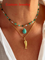 Collier ras du cou en amazonite bleue d'été, fait main, de qualité supérieure, en gros, minimaliste, avec breloque poisson en acier inoxydable
