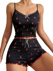 Stile classico di vendita caldo da donna a righe stampate alla fragola senza maniche e Shorts 2 pezzi Set per la casa pigiama da donna - Product Image 1
